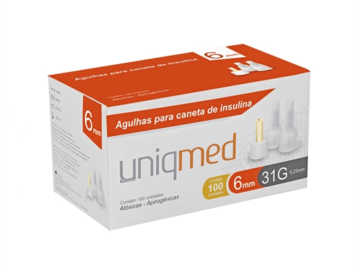 Agulhas para caneta de insulina Uniqmed 6mm Caixa com 100 unidades