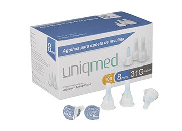 Agulhas para caneta de insulina Uniqmed 8mm Caixa com 100 unidades