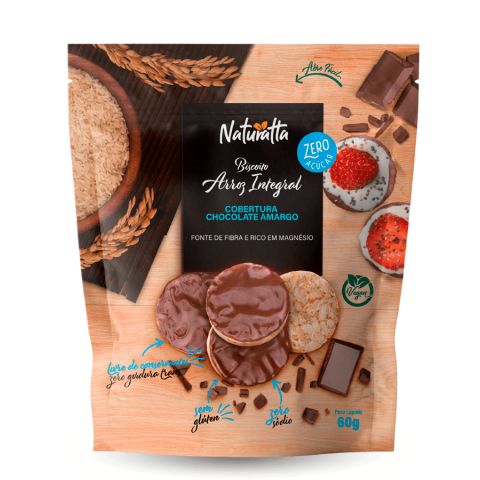 Biscoito de Arroz Integral com Chocolate Amargo Zero Açúcar Vegano Naturatta 60g - Validade: 03/06/2022