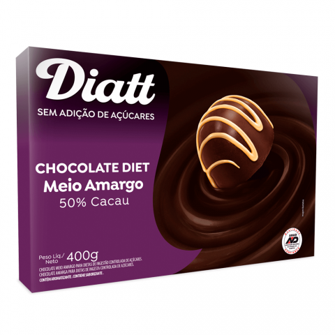 Chocolate Meio Amargo 50% Cacau Sem Adição de Açúcar Diatt 400g
